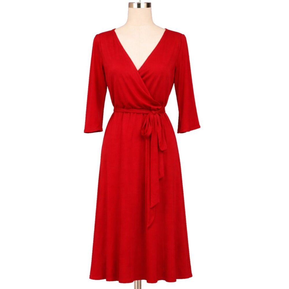 Love Sadie Midi Dress‎ Womens Small Red Faux Wrap 3/4 Sleeve Holiday Romantic
